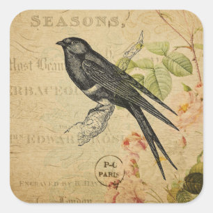 Beautiful Vintage Swallow Bird Floral Collage Square Sticker