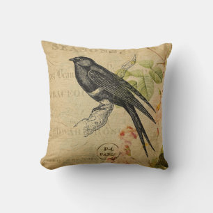 Beautiful Vintage Swallow Bird Floral Collage Throw Pillow