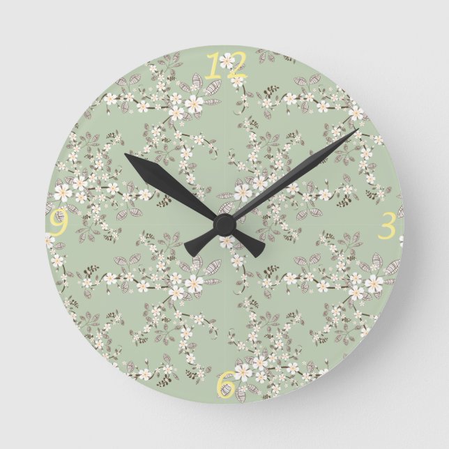 Beautiful vintage tree blossom white flowers round clock (Front)