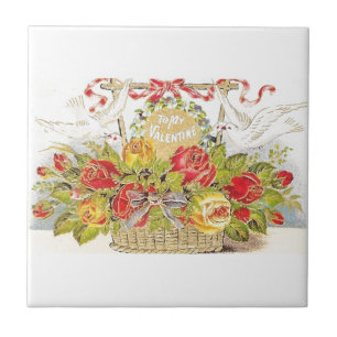 Beautiful Vintage Valentine Doves & Roses Basket Tile