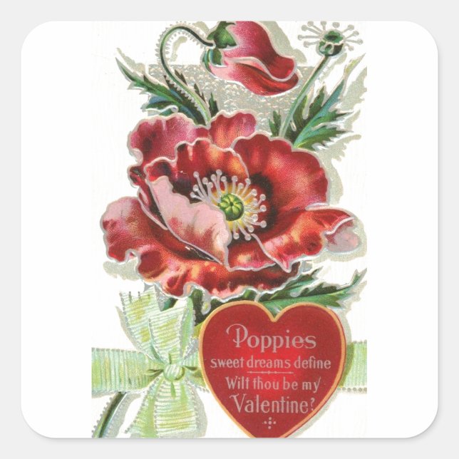 Beautiful Vintage Valentine Poppy Bouquet Square Sticker (Front)