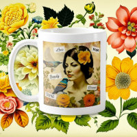 Beautiful Vintage Woman with Birds and Flowers