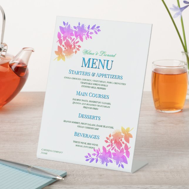 Beautiful vivid Wedding table Menu Pedestal Sign (In SItu)