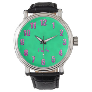 Beautiful watch with pink floral numbers and name