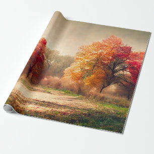 Beautiful Watercolor Autumn Forest Landscape Wrapping Paper