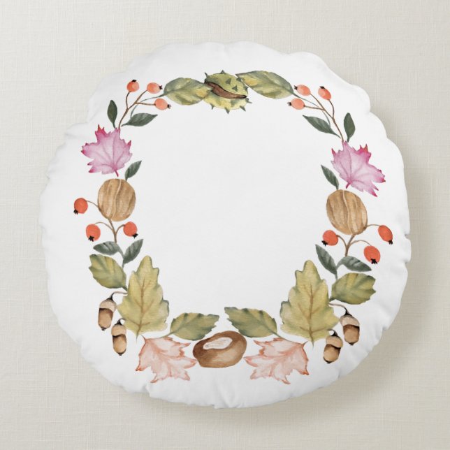Beautiful watercolor autumn wreath of leaves round pillow