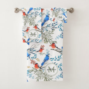 Beautiful Watercolor Birds and Foliage Pattern Bath Towel Set
