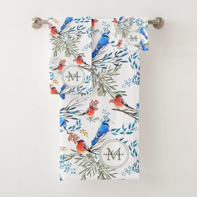 Beautiful Watercolor Birds and Foliage Pattern Bath Towel Set (Insitu)