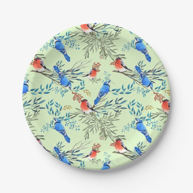 Beautiful Watercolor Birds and Foliage Pattern Paper Plate (Front)