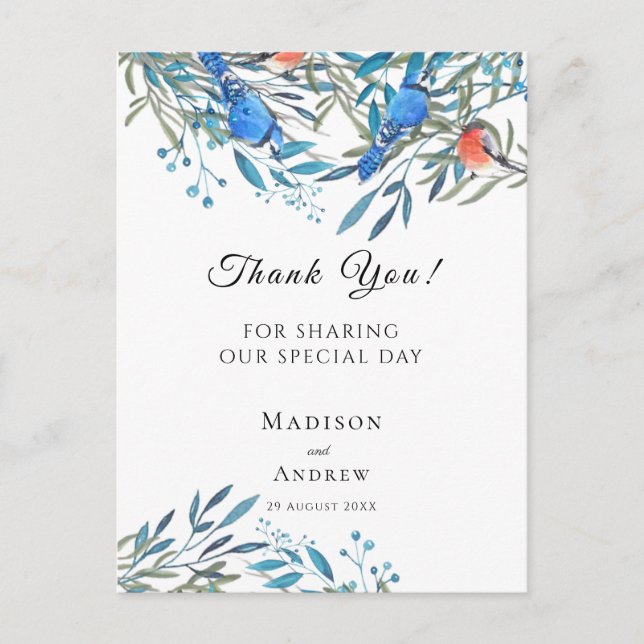 Beautiful Watercolor Birds and Foliage Thank You Postcard (Front)