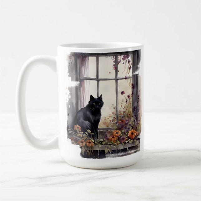 BEAUTIFUL WATERCOLOR BLACK CAT SITTING IN WINDOW COFFEE MUG (Left)