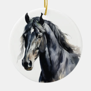 BEAUTIFUL WATERCOLOR BLACK HORSE CERAMIC ORNAMENT