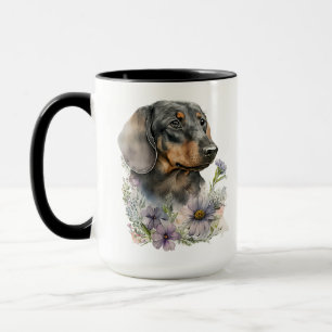 BEAUTIFUL WATERCOLOR BLACK & TAN DACHSHUND DOG MUG