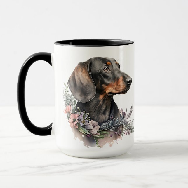 BEAUTIFUL WATERCOLOR BLACK & TAN DACHSHUND DOG MUG (Left)