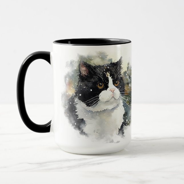 BEAUTIFUL WATERCOLOR BLACK WHITE TUXEDO CAT MUG (Left)