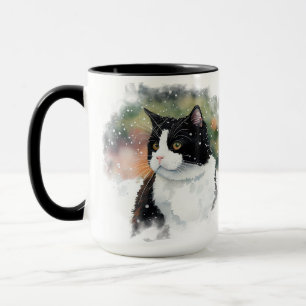 BEAUTIFUL WATERCOLOR BLACK WHITE TUXEDO CAT MUG
