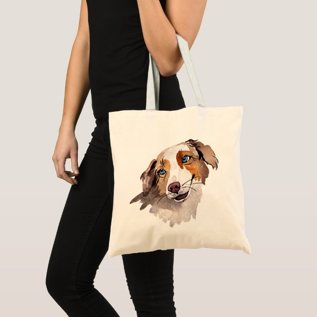 Beautiful Watercolor Blue Eyed Australian Shepherd Tote Bag (Front (Product))
