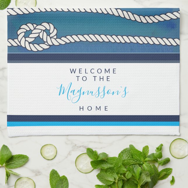 Beautiful watercolor blue green white knots custom kitchen towel (Folded)