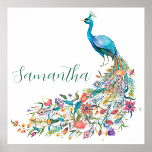 Beautiful watercolor blue peacock I Poster