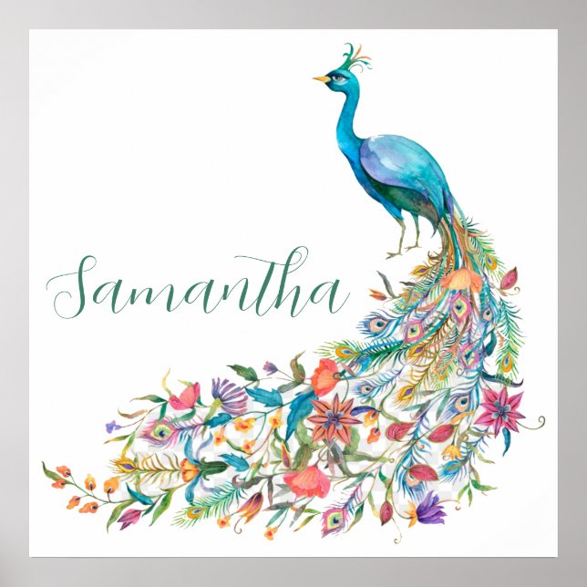 Beautiful watercolor blue peacock I Poster (Front)