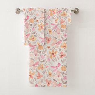 Beautiful Watercolor Blush Peach Floral Print Bath Towel Set