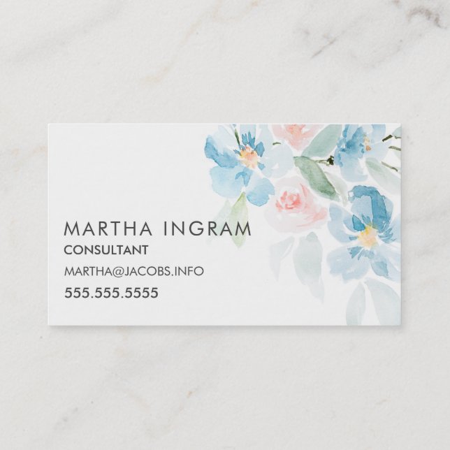 Beautiful watercolor blush roses and blue flowers  business card (Back)