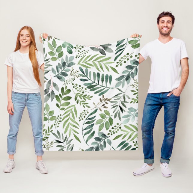 Beautiful Watercolor Botanical Leaves Pattern Fleece Blanket (In Situ)