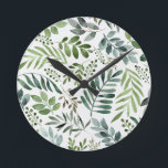 Beautiful Watercolor Botanical Leaves  Round Clock<br><div class="desc">Watercolor painted greenery botanical rustic leaves pattern</div>