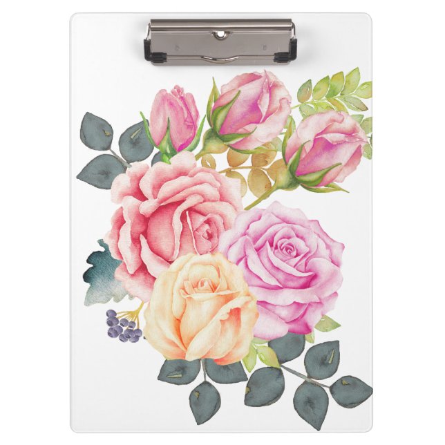Beautiful Watercolor Bouquet of Pink Peach Roses Clipboard (Front)