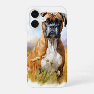BEAUTIFUL WATERCOLOR BROWN BOXER DOG IN FIELD iPhone 16 CASE
