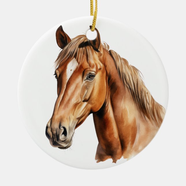 BEAUTIFUL WATERCOLOR BROWN HORSES FACE CERAMIC ORNAMENT (Front)