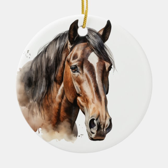 BEAUTIFUL WATERCOLOR BROWN HORSES FACE CERAMIC ORNAMENT (Front)