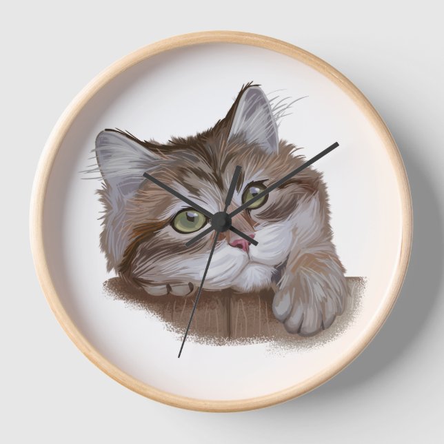 BEAUTIFUL WATERCOLOR BROWN WHITE TABBY CAT FACE CLOCK (Front)