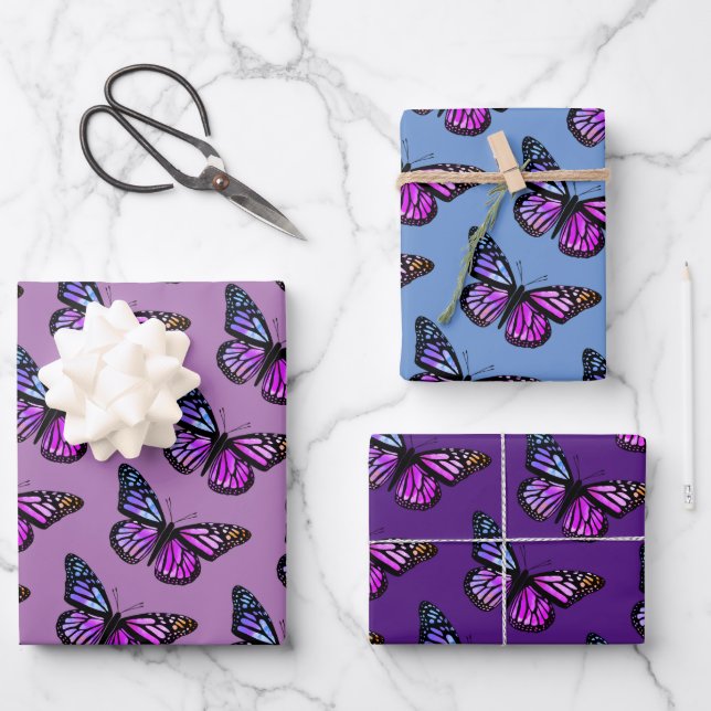 Beautiful Watercolor Butterflies Pattern Purple Wrapping Paper Sheet (Front)