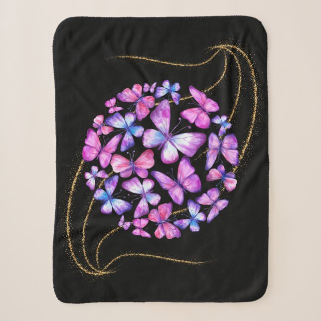 Beautiful Watercolor Butterflies with Gold Bling Sherpa Blanket (Front)