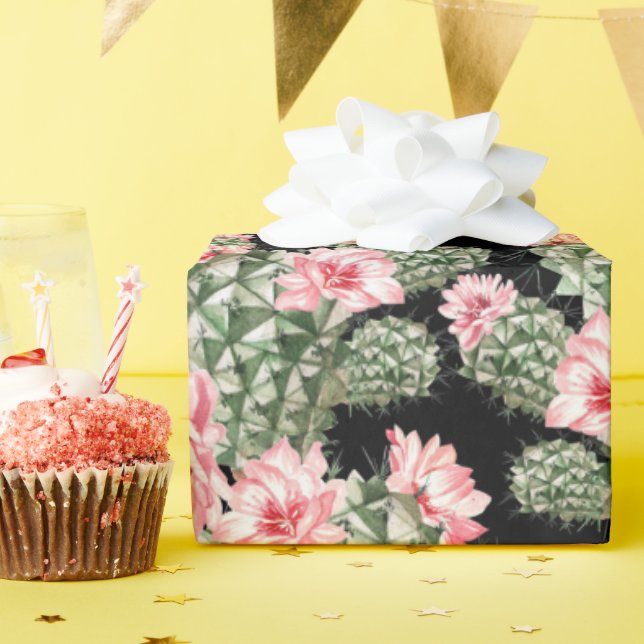Beautiful Watercolor Cactus Pattern Pink Green   Wrapping Paper (Birthday Party)