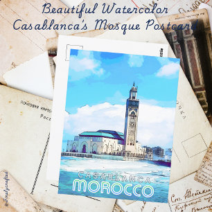 Beautiful Watercolor Casablanca's Mosque Postcard