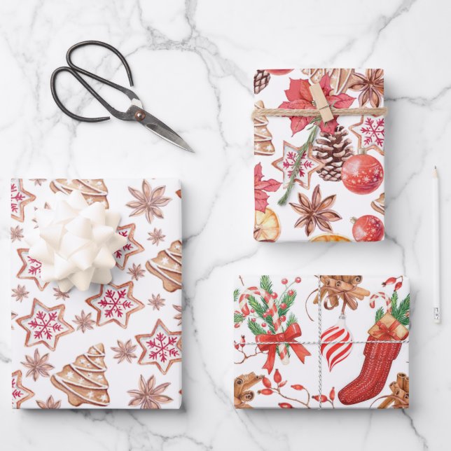 Beautiful Watercolor Christmas Patterns Wrapping Paper Sheet (Front)