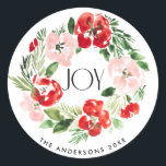 Beautiful Watercolor Christmas wreath Joy  Classic Round Sticker<br><div class="desc">Beautiful Watercolor Christmas wreath Joy Card</div>