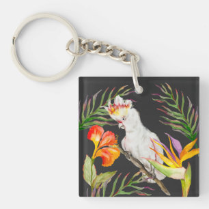 Beautiful watercolor cockatoo parrot hand drawing keychain
