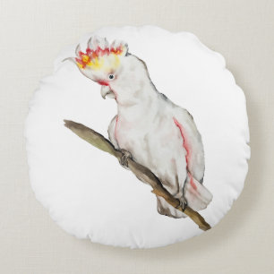 Beautiful watercolor cockatoo parrot hand drawing round pillow