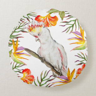Beautiful watercolor cockatoo parrot hand drawing round pillow