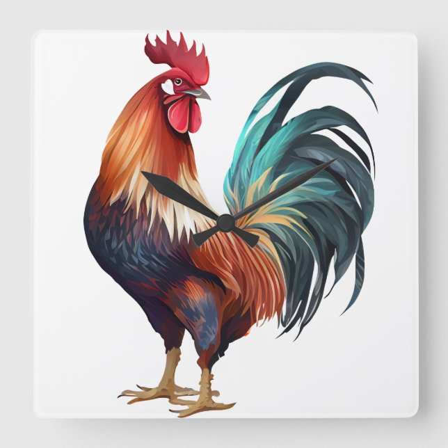 BEAUTIFUL WATERCOLOR COLORFUL ROOSTER SQUARE WALL CLOCK (Front)