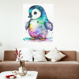 Beautiful Watercolor Colourful Baby Penguin Wall  Canvas Print