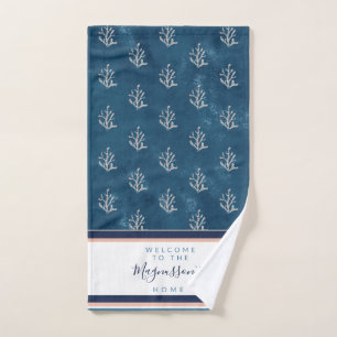 Beautiful watercolor coral on batik blue custom hand towel