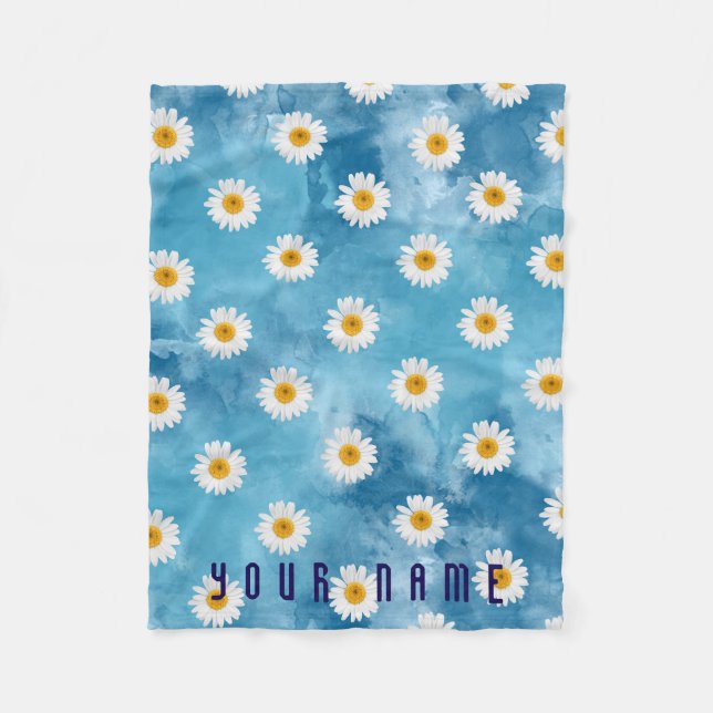 Beautiful Watercolor Daisy Monogram Floral Fleece Blanket (Front)