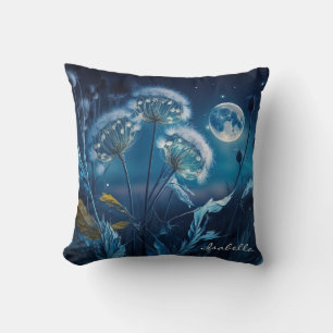 Beautiful Watercolor Dandelions In Full Moon Blue Throw Pillow