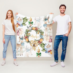 Beautiful Watercolor Deer Christmas Monogrammed Fleece Blanket