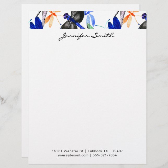 Beautiful Watercolor Dragonfly Pattern Border Letterhead (Front/Back)