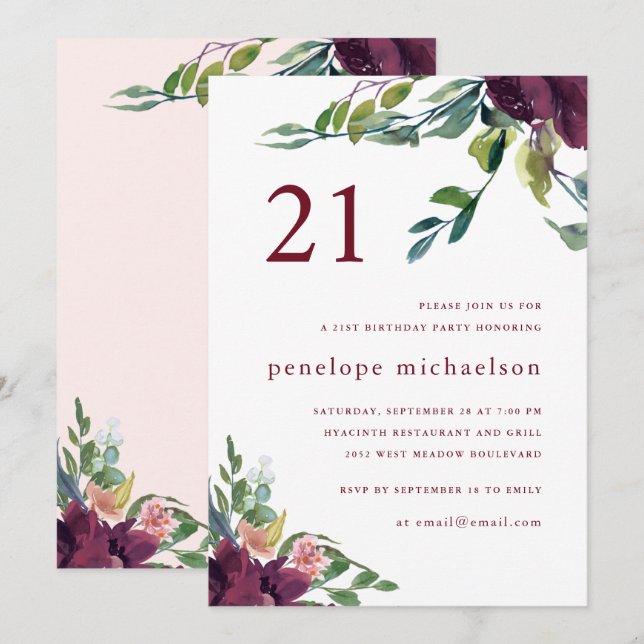 Beautiful Watercolor Floral 21st Birthday Invitation (Front/Back)